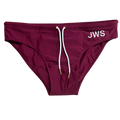 Burgundy men's swim brief flat-lay with white drawcord and gold tips — JWS Swimwear