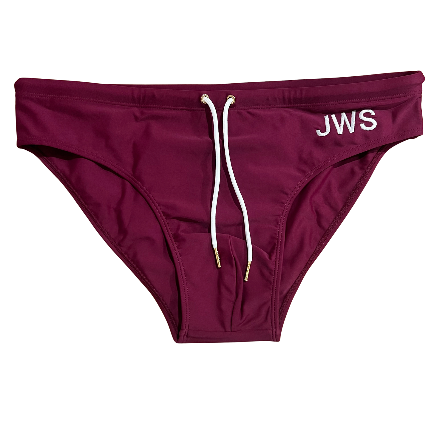 Burgundy men's swim brief flat-lay with white drawcord and gold tips — JWS Swimwear