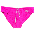 Hot pink men's swim brief flat-lay with white drawcord and gold tips — JWS Swimwear