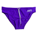 Royal purple men's swim brief flat-lay with white drawcord and gold tips — JWS Swimwear