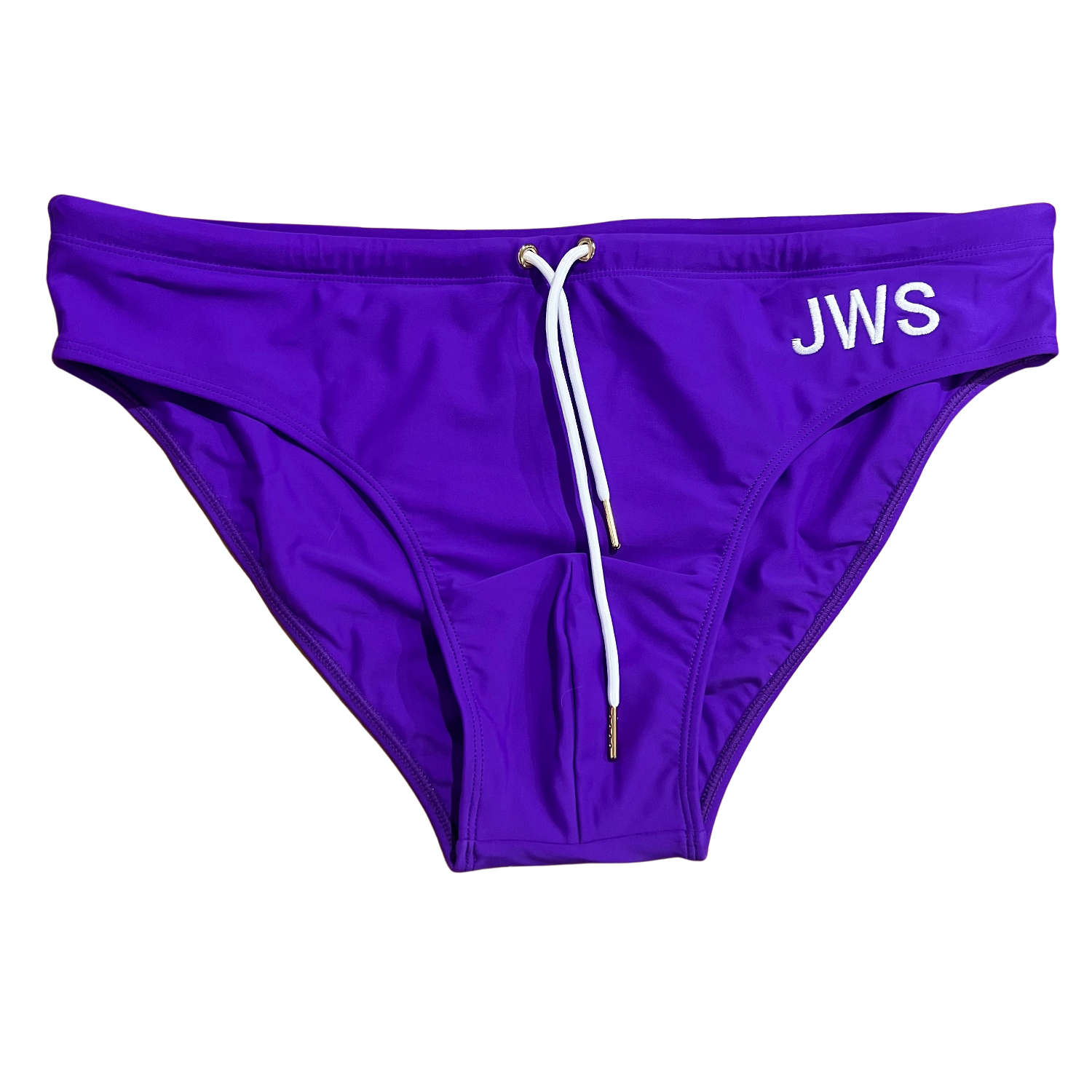 Royal purple men's swim brief flat-lay with white drawcord and gold tips — JWS Swimwear