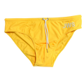 Sun yellow men's swim brief flat-lay with white drawcord and gold tips — JWS Swimwear