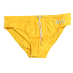 Sun yellow men's swim brief flat-lay with white drawcord and gold tips — JWS Swimwear