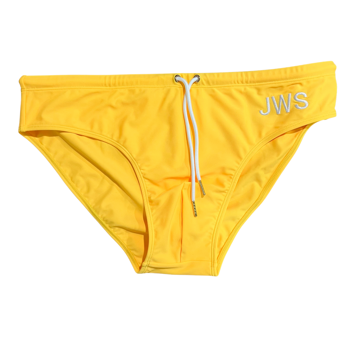Sun yellow men's swim brief flat-lay with white drawcord and gold tips — JWS Swimwear
