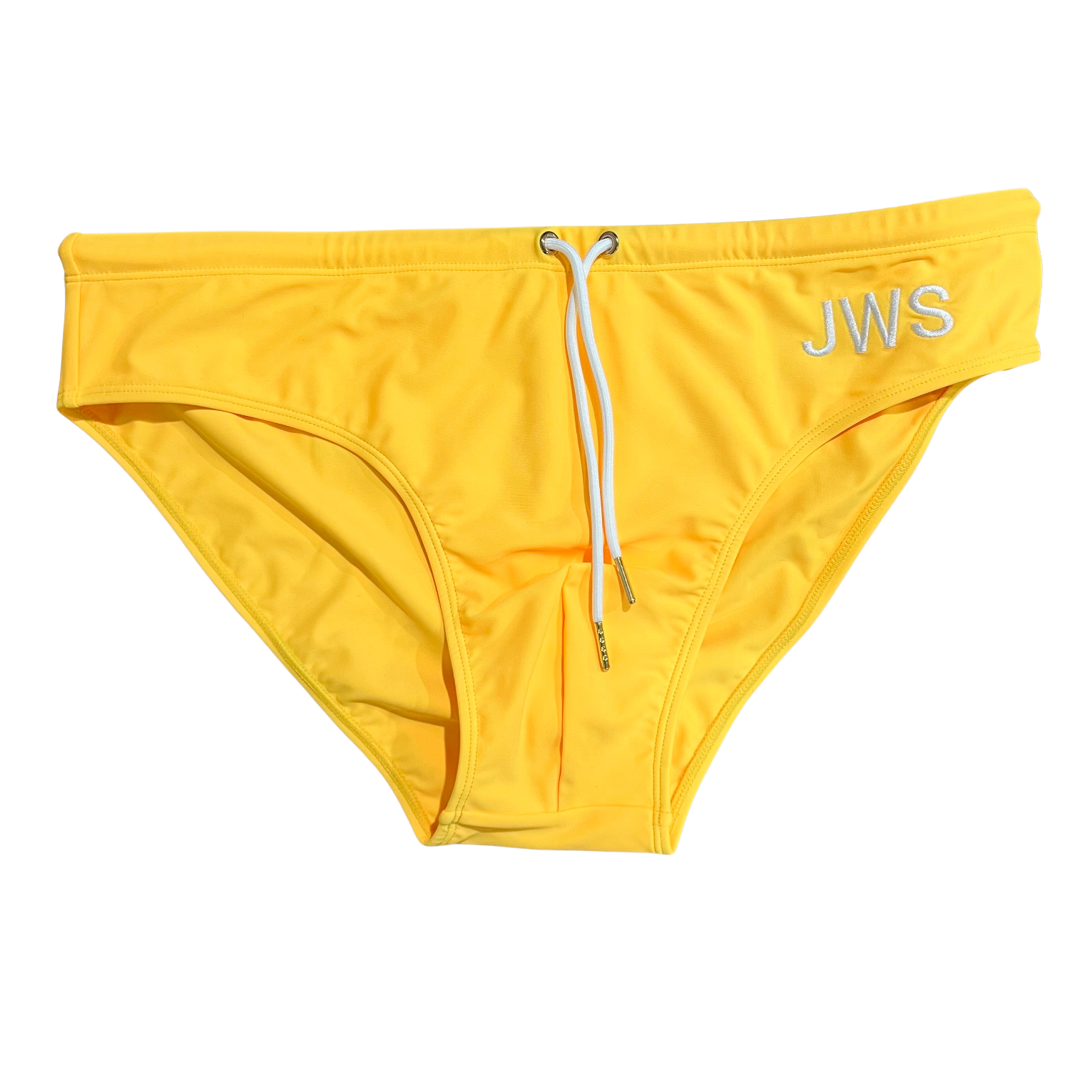 Sun yellow men's swim brief flat-lay with white drawcord and gold tips — JWS Swimwear