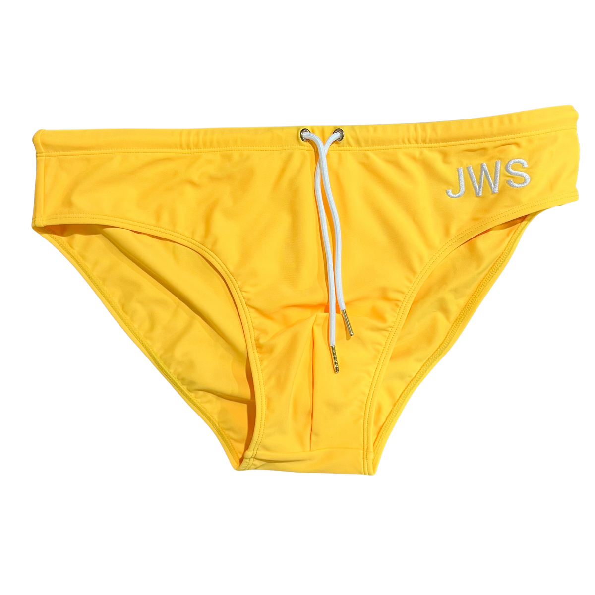 Sun yellow men's swim brief flat-lay with white drawcord and gold tips — JWS Swimwear