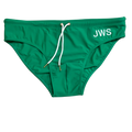 Emerald green men's swim brief flat-lay with white drawcord and gold tips — JWS Swimwear