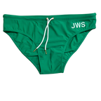 Emerald green men's swim brief flat-lay with white drawcord and gold tips — JWS Swimwear