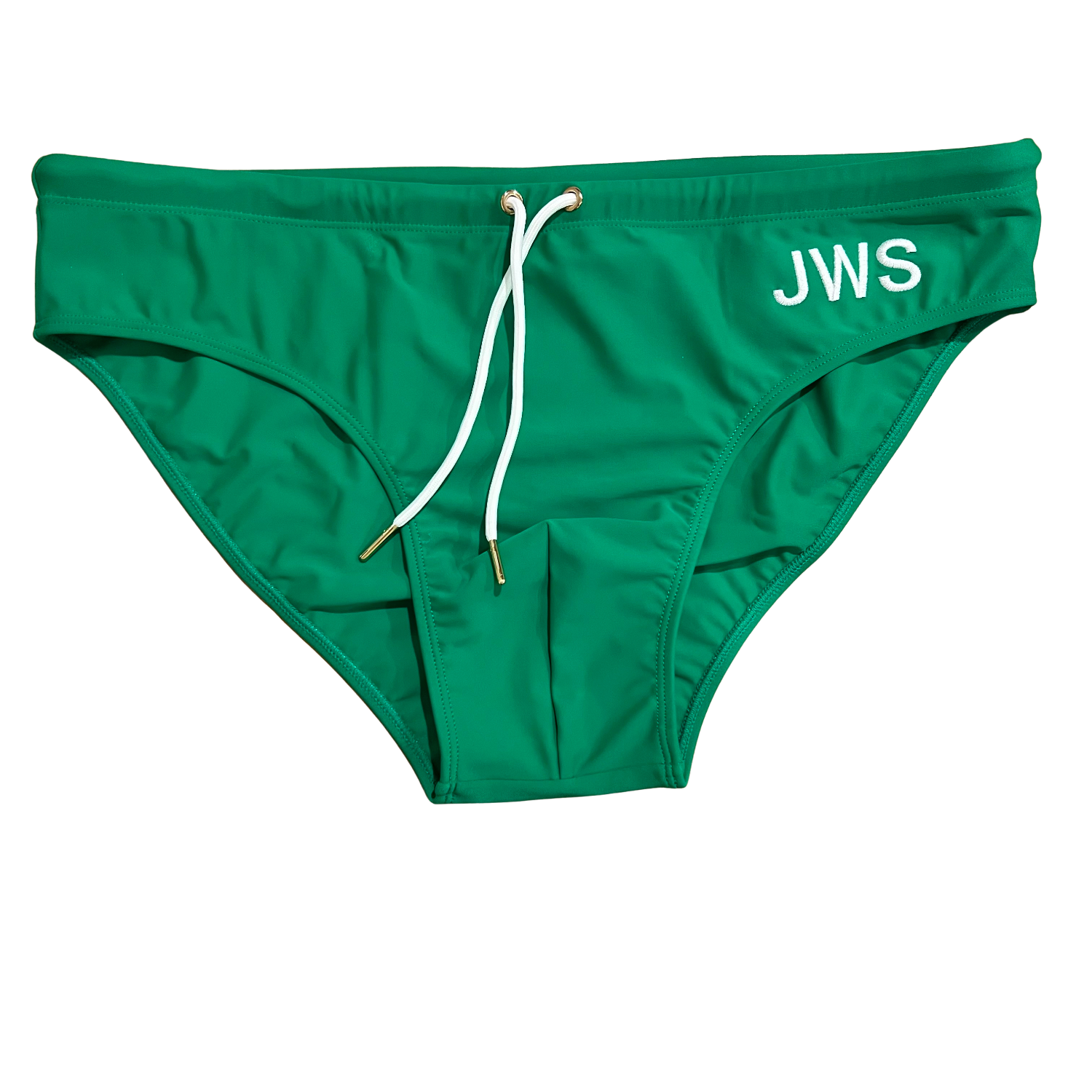 Emerald green men's swim brief flat-lay with white drawcord and gold tips — JWS Swimwear