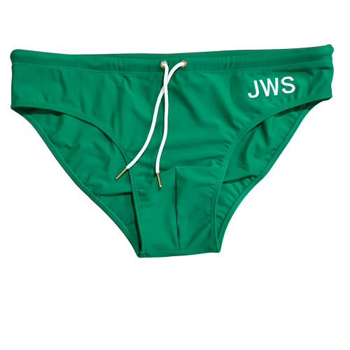 Emerald green men's swim brief flat-lay with white drawcord and gold tips — JWS Swimwear