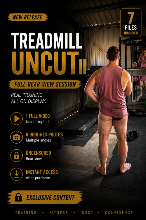 Promotional cover for Treadmill Uncut II featuring a rear-view home gym session, including 1 full-length video and 6 high-resolution photos.