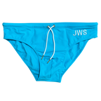 Aqua men's swim brief flat-lay with white drawcord and gold tips — JWS Swimwear