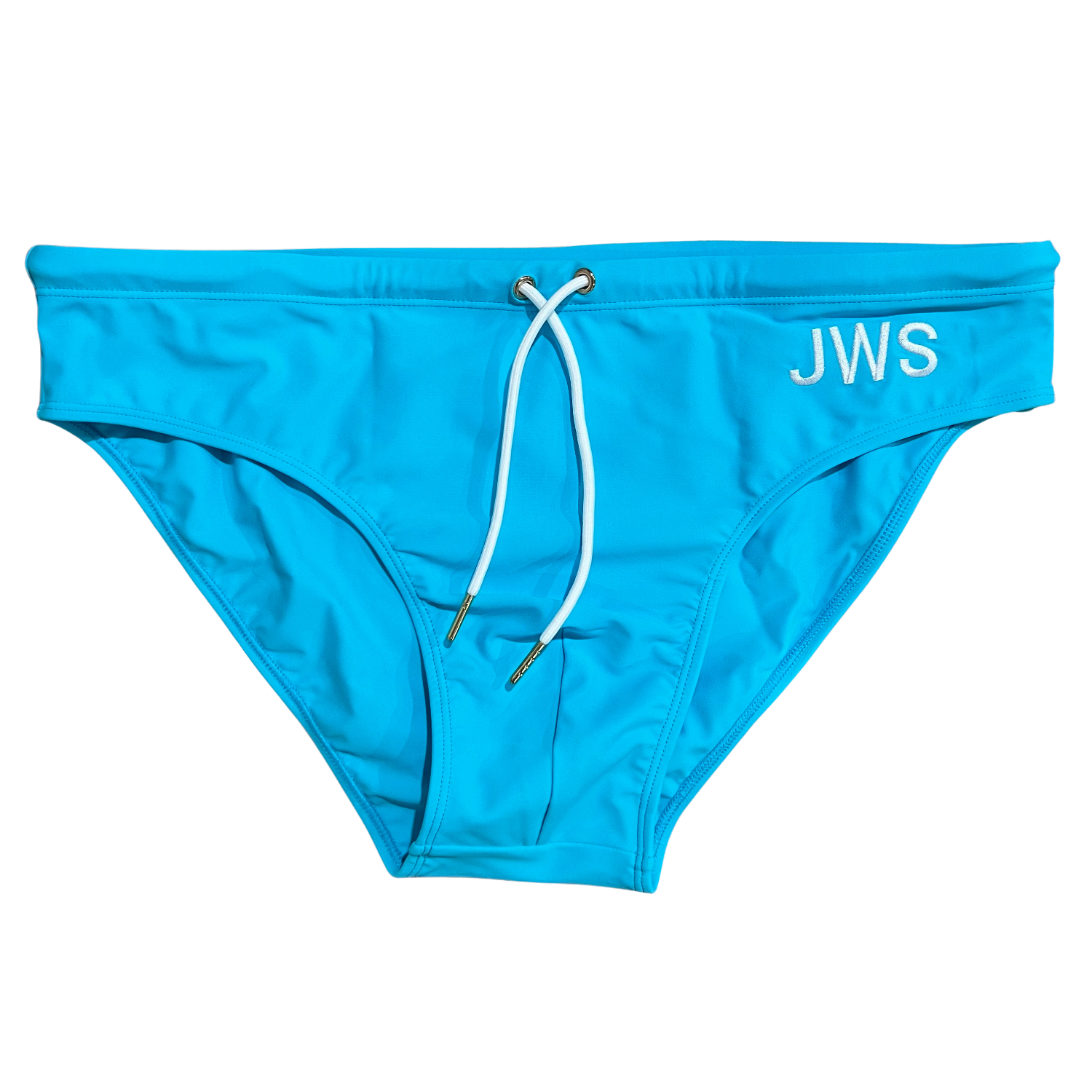 Aqua men's swim brief flat-lay with white drawcord and gold tips — JWS Swimwear
