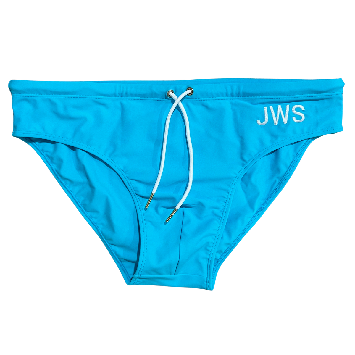 Aqua men's swim brief flat-lay with white drawcord and gold tips — JWS Swimwear