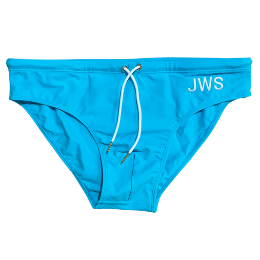 Aqua men's swim brief flat-lay with white drawcord and gold tips — JWS Swimwear