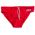 Red men's swim brief flat-lay with white drawcord and gold tips — JWS Swimwear