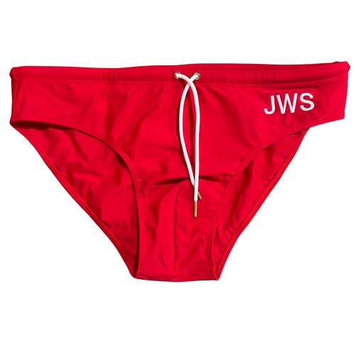 Red men's swim brief flat-lay with white drawcord and gold tips — JWS Swimwear
