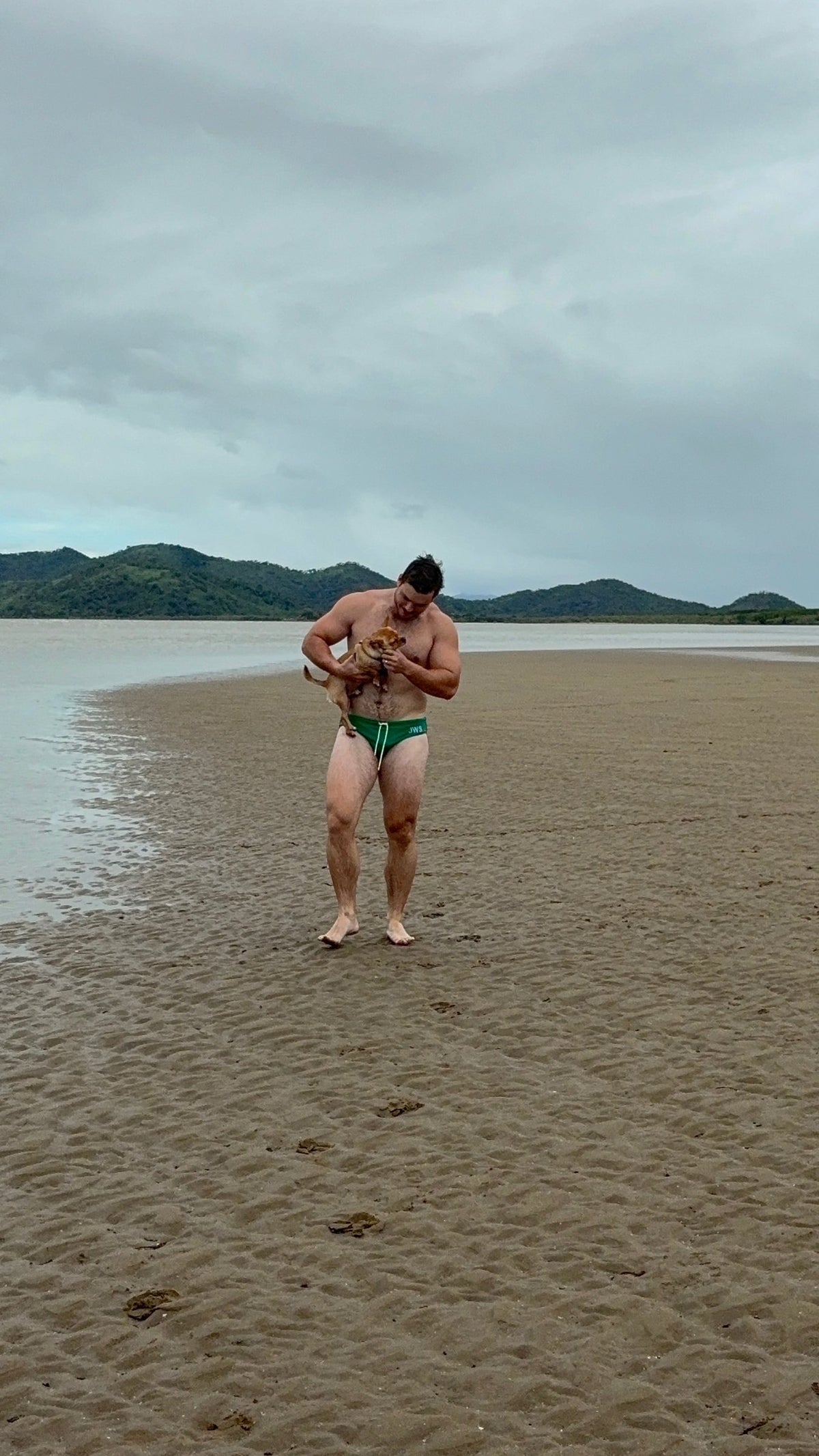 Emerald JWS swim briefs worn at the beach